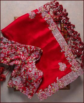 Fantastic Soft Ragoli Silk Embroidery Red Saree with Blouse Piece