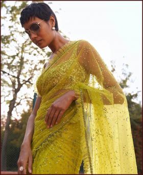Magic Mono Sequence Work Yellow Net Saree With Blouse Piece