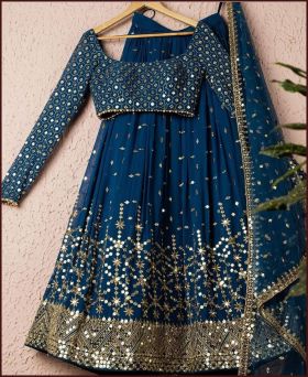 Sea Blue Net Embroidered And 9mm Sequnce Work Party Wear Lehenga