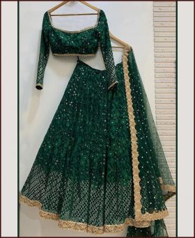 Elegant Gorgette Embroidery Green Lehenga Choli