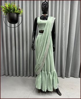 Designer Georgette Embroidery Lehenga Drape Saree-Green