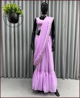 Designer Georgette Embroidery Lehenga Drape Saree-Purple