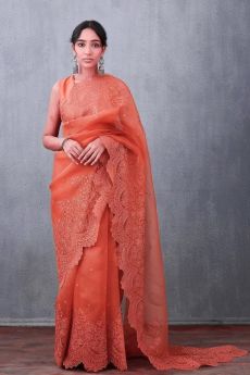 Trending Embroidery Organza Peach Saree with Blouse Piece-Orange