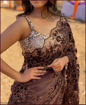 Fantastic Brown Colored Butter Fly Net Embroidered Saree
