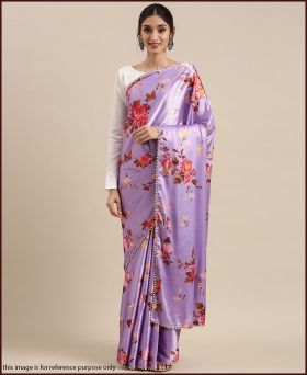 Graceful Japan Satin Printed Lavender Saree with Blouse Piece