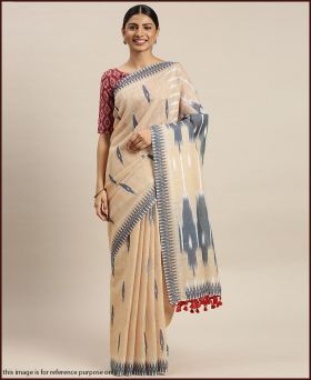 Glamorous Linen Printed Cream Saree with Blouse Piece