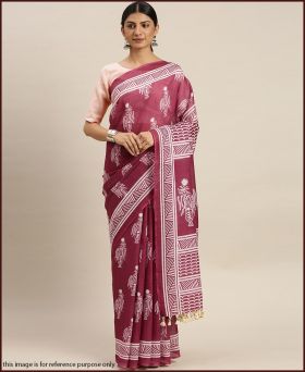 Traditional Linen Printed Maroon Saree with Blouse Piece