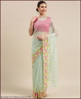 Engaging Soft Net Embroidery Light Green Saree with Blouse Piece