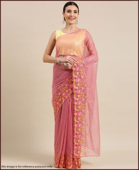 Wonderful Soft Net Embroidery Pink Saree with Blouse Piece