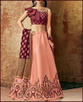 Maroon Peach  Colored Party Wear Silk Embroidered Lehenga 