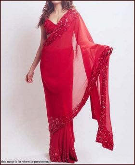 Bollywood Style Jhanvi Kapoor Wear Stunning Red Color Georgette With Embroidery Work Saree