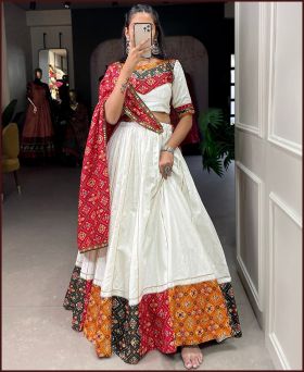 Navratri Special White Color Multiple Fabric With Gotta Patti Cotton Chaniya Choli