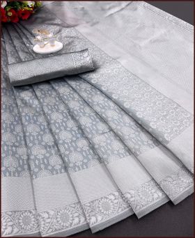 Beautiful Soft Litchi Silk Weaving Saree with Blouse Piece-Grey