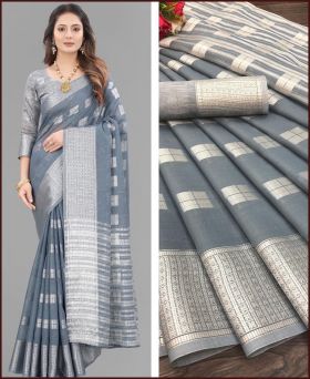 Fantastic Soft Linen Silk Saree With Sliver Zari with Blouse Piece