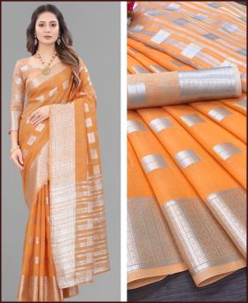 Beautiful Soft Linen Silk Saree With Sliver Zari with Blouse Piece