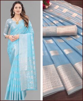 Elegant Soft Linen Silk Saree With Sliver Zari with Blouse Piece