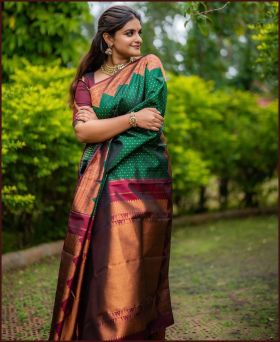 Heavy Banarasi Soft Silk Dark Green Saree with Blouse Piece