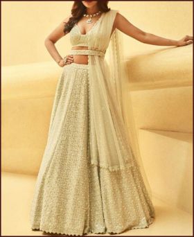 Elegant Pista Faux Georgette cording sequence embroidery work lehenga