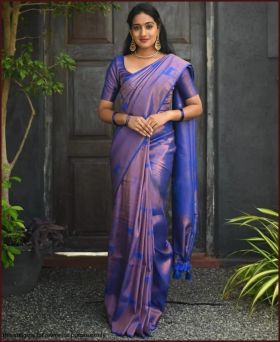 Trending Litchi Silk Animal Print Saree with Blouse Piece-Blue