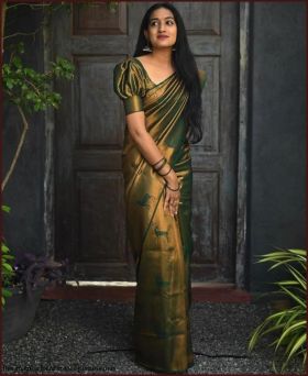 Trending Litchi Silk Animal Print Saree with Blouse Piece-Green