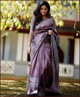 Trending Litchi Silk Weaving Wine Saree with Blouse Piece