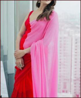 Alia Bhatt's Soft Georgette Red and Pink Bollywood Style Saree