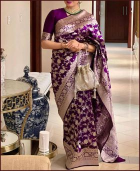 Enchanting Soft Banarasi Silk Golden Zari Work Purple Saree