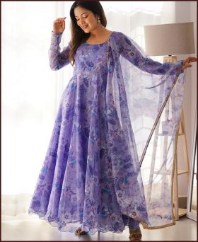 New Purple Color Party Wear Look Organza Taby Silk Gown With Dupatta 