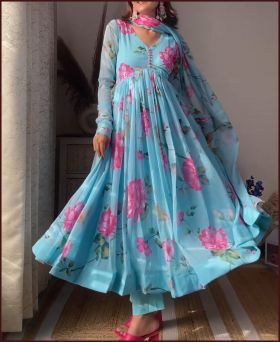 Sky Blue Digital Printed Readymade Anarkali Gown