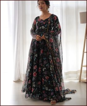  Maitri Black Floral Digital Printed Pure Organza Anarkali Gown