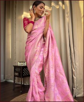 Beautiful Art Silk Jacquard Border Saree With Unstitched Blouse-Light Pink