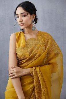 Trending Embroidery Organza Peach Saree with Blouse Piece-Yellow