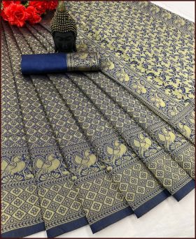 Beautiful Soft Litchi Silk Weaving Saree with Blouse Piece-navy