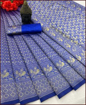 Beautiful Soft Litchi Silk Weaving Saree with Blouse Piece-Blue