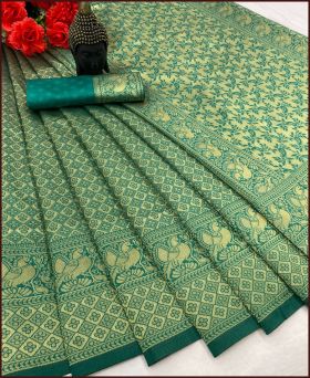 Beautiful Soft Litchi Silk Weaving Saree with Blouse Piece-dark green