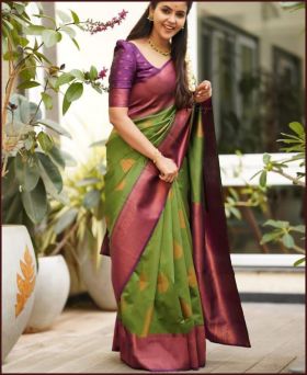 Green with Purple Border Party Wear Saree With Blouse