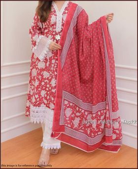 Red-White Beautiful Pakistani Cotton Floral Alia Cut Designer Suit 