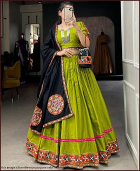 Parrot Color Gamthi Work With Mirror Work Cotton Navratri Special Chaniya Choli