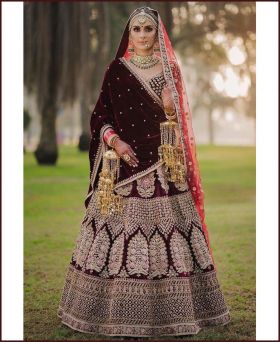 Adorable Velvet Embroidered Maroon Bridal Lehenga Choli