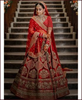 Exclusive Malai Satin Embroidered Red Bridal Lehenga Choli