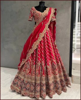 Splendid Malai Satin Embroidered Red Bridal Lehenga Choli