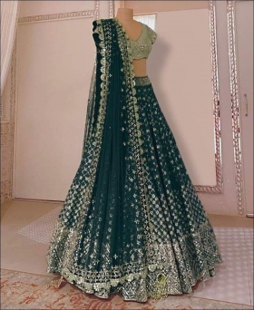 Butterfly Net Wedding Wear Bottle Green Lehenga Choli With Mirror Details