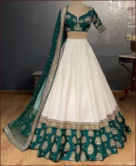 Wedding Wear Embroidered And sequence Green & White Chinon Lehenga