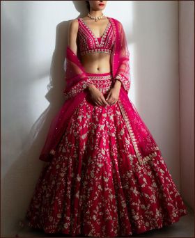 Pink Faux Georgette Thread,Zari,Embroidered Bridal Lehenga Choli