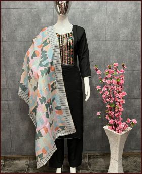 Captivating Maska Black Cotton Silk Straight Suit Set With  Printed Dupatta