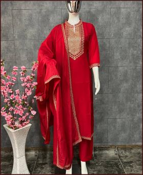 Tantalizing Maska Cotton Red Silk Straight Suit Set With Dupatta 