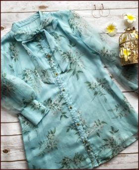 Light Blue Shirt Pure Soft Organza Cotton Top Feel with Golden Button and Lace