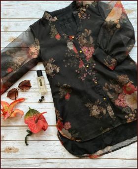 Black Shirt Pure Soft Organza Cotton Top Feel with Golden Button and Lace