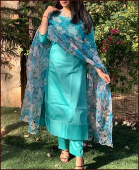 Glamorous Beautiful Blue Cotton Silk Suit Set With Lovely Floral Soft Organza Cotton Dupatta