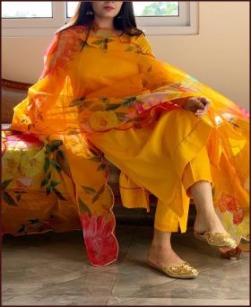 Premium Beautiful Mustard Yellow Cotton Silk Suit Set With Lovely Floral Soft Organza Cotton Dupatta